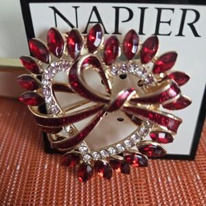 Napier Red, Gold and Rhinestone Heart Ribbon Brooch❤️NWT